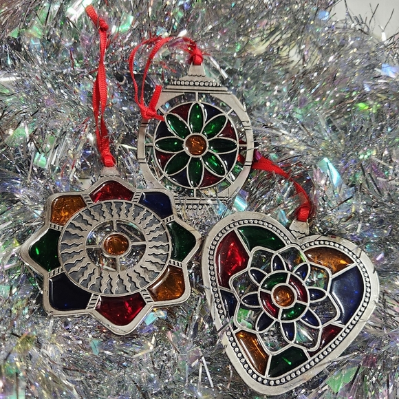Set of 3 Stained Glass Metal Christmas Tree Ornaments Holiday Decor - Picture 2 of 8